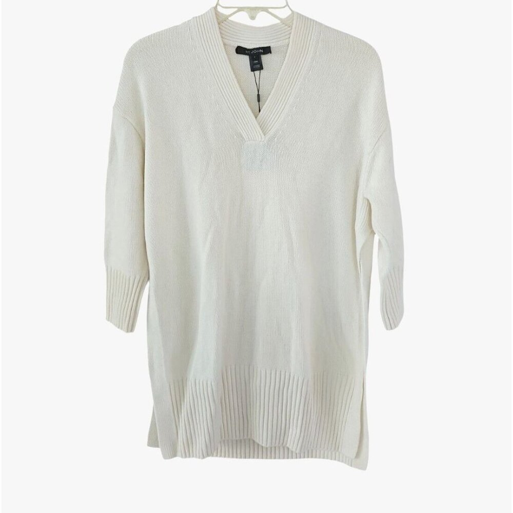 St John Knits Small Cream Long Sleeve Sweater 100% Cashmere Side Slits NEW